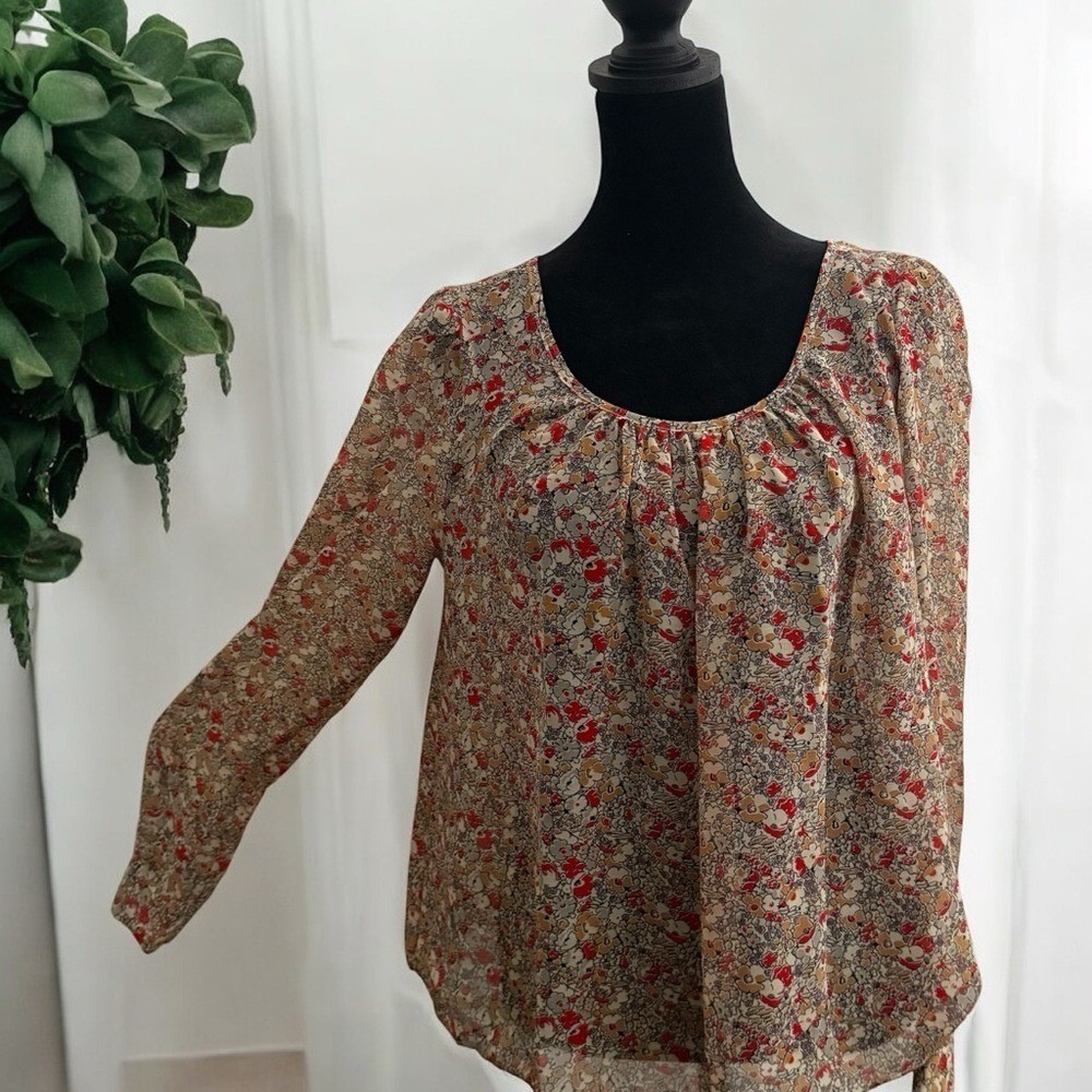 Women's Ditsy Floral Sheer Blouse Size S Brown Fall Earthy Prairie Long Sleeve